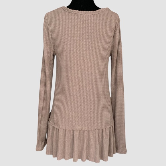 Anthropologie eri & ali Chocolate Brown Waffle Knit Tunic Hem V Neck Top SZ S - Picture 2 of 10